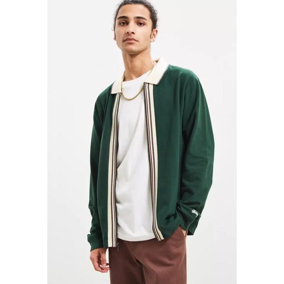 Stussy Full-Zip Long Sleeve Polo Shirt green rare XL